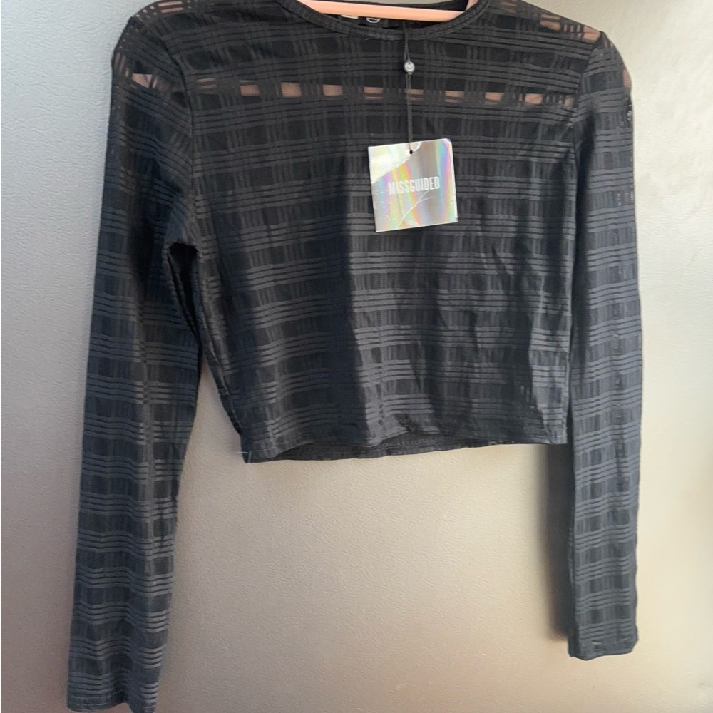 Misguided black sheer long sleeve top. Size 4 cropped stretchy top